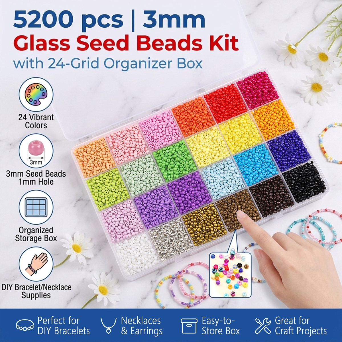 Jewelry Making Organizer Box - 5200pcs 3mm Glass Seed Beads Kit
